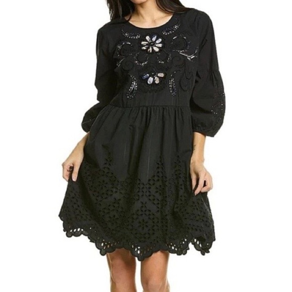 Johnny Was Marla Embroidered Eyelet Floral 3/4 Sleeve Scalloped Hem Dress XS